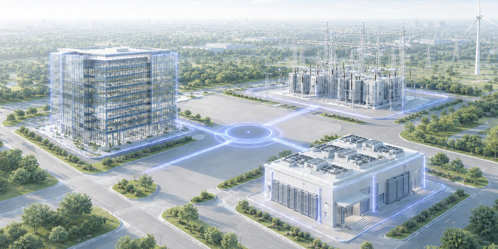 Buildings, an electrical grid and a data centre connected through one intelligent energy network